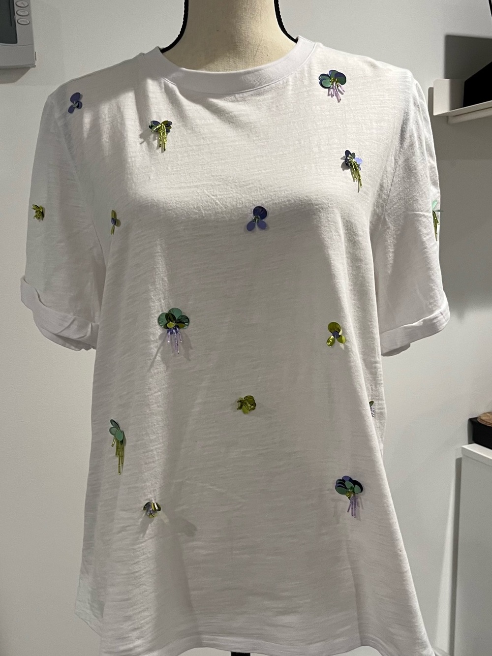 cinq a sept White Tee with Green & Purple Sequin Floral Accents